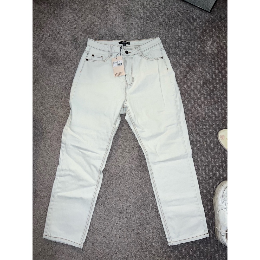 Misguided white straight pants, brown stitching, size US 8